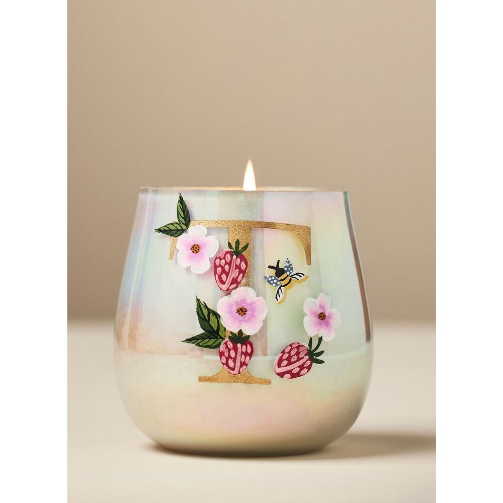 Anthropologie Fruity Monogram “T” Floral Night Gardenia Glass Candle